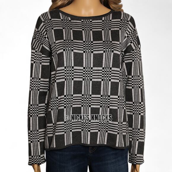Stitch Fix Grid Print Pullover Sweater Gray White Boat Neck Boxy Knit Top Size S - Picture 3 of 12
